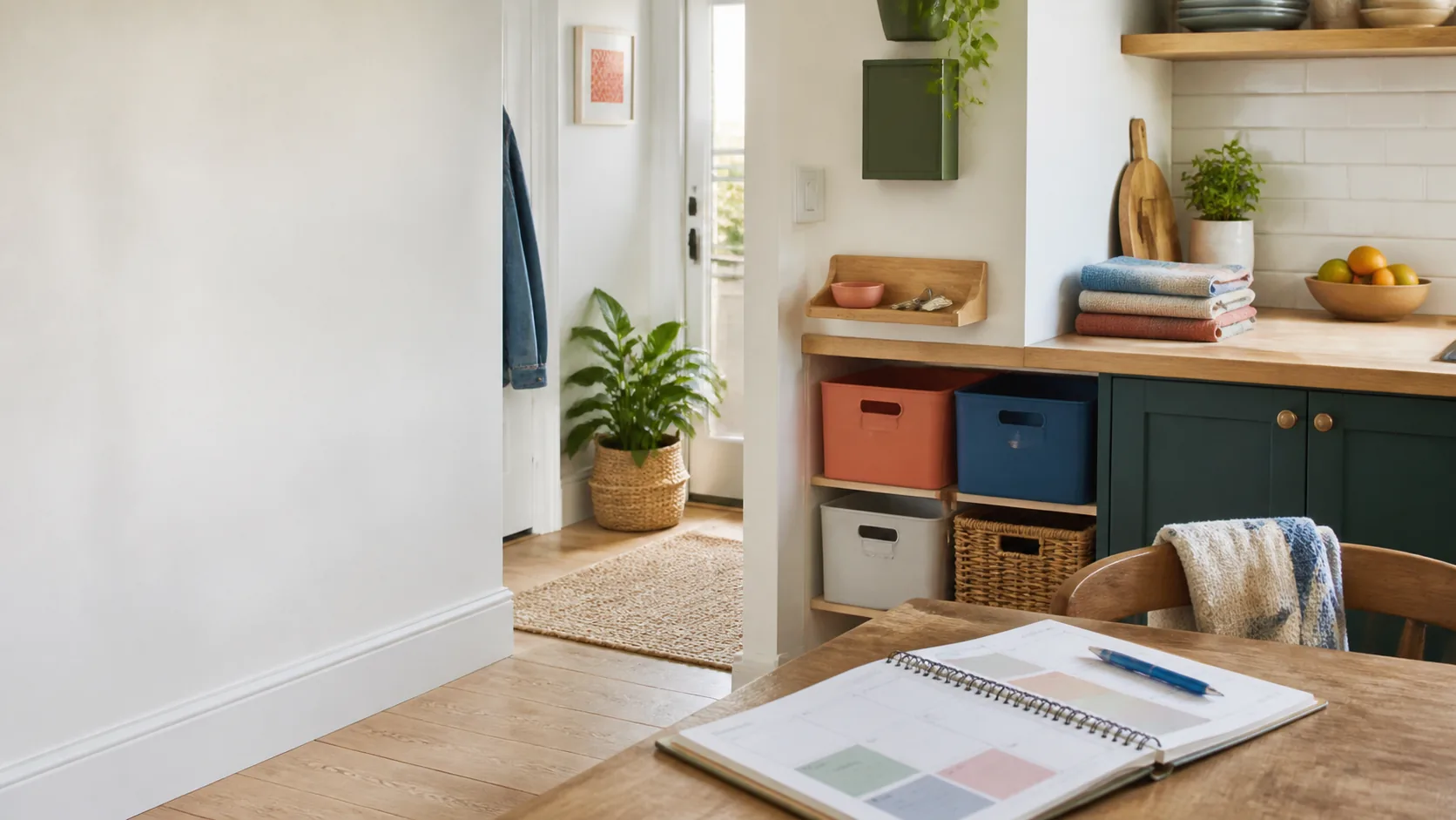 A bright, organised kitchen and entrance with practical storage